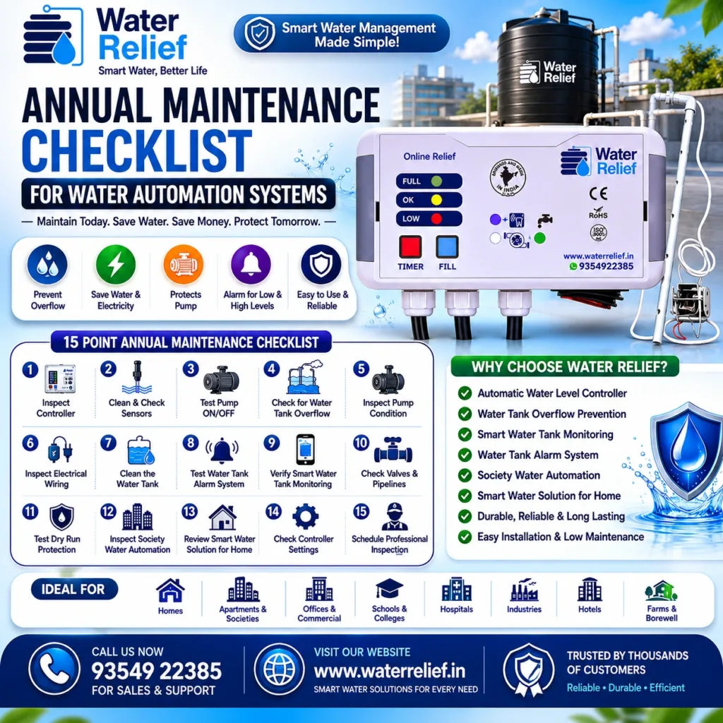 Annual maintenance checklist for water automation systems by Water Relief to prevent overflow, protect pumps, improve monitoring, and ensure reliable water control.